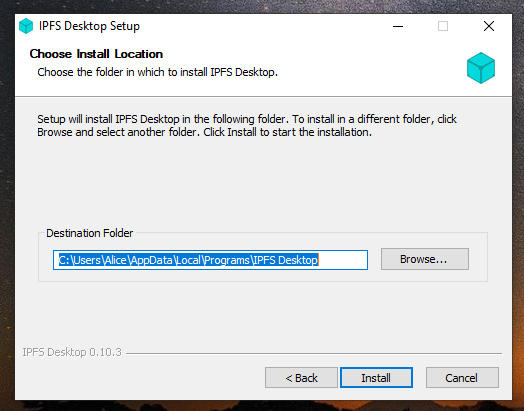 The IPFS desktop installation location window.